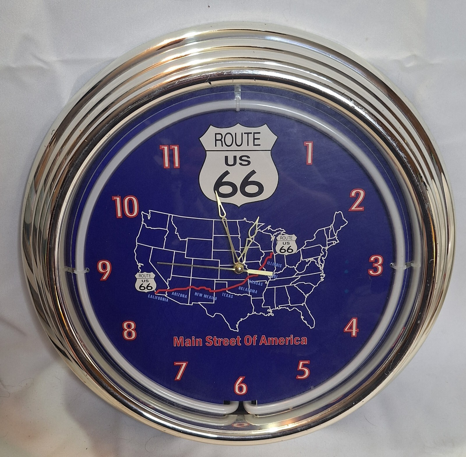 ROUTE 66 STATE 15”DIAMETER CLOCK WORKS W/PINK NEON RINGS