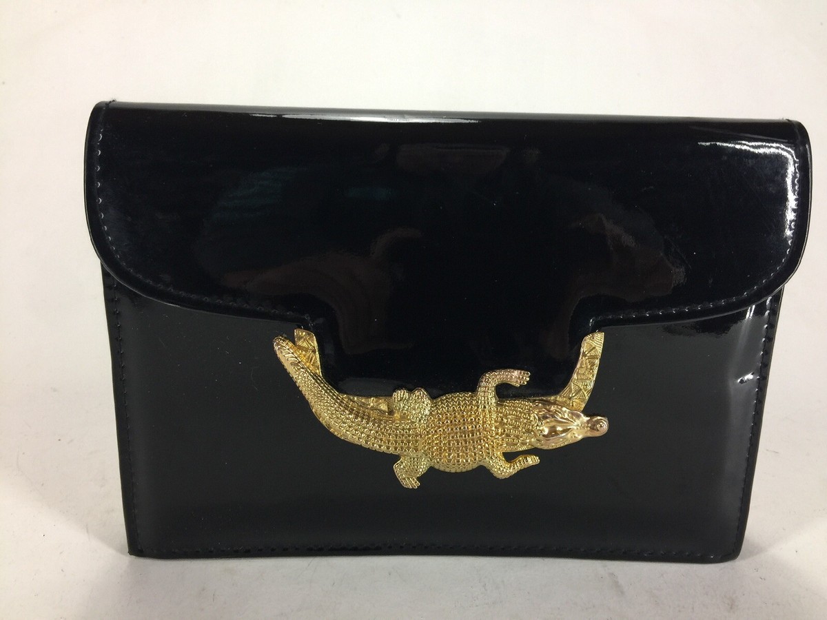 Vintage 1980s Black Patent Leather Gold Crocodile Cross Body Purse