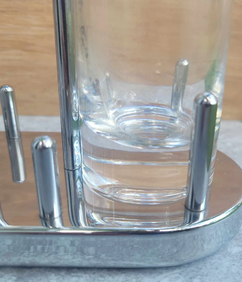 Vintage Pós Moderno Alessi Itália Cruet Set Ettore Sottsass Vidro Aço Inoxidável - Imagem 3 de 4