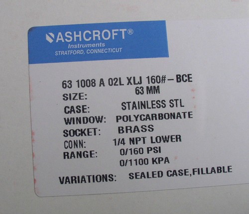 Ashcroft 63 1008A 02L XLJ 160 Pressure Gauge 1/4" NPT 304 SS - Picture 5 of 5