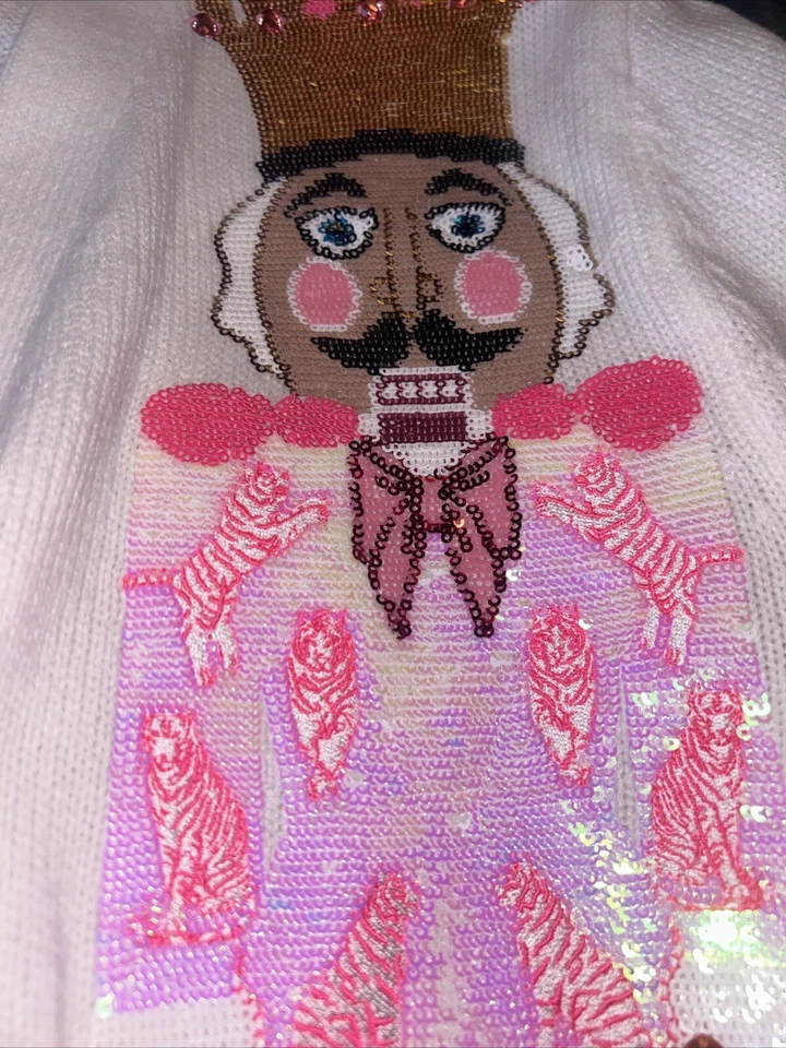 Queen of Sparkles Women's Medium White Pink Long Sleeve nutcracker cardigan - Image 3 of 4