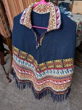 Peruvian Alpaca Wool Blend Poncho Embroidered Handmade Small