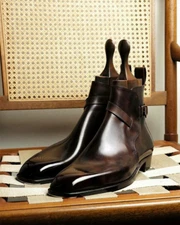 Genuine Handmade Leather Boot Brown Slip On Formal Dress Shoe For Men's
