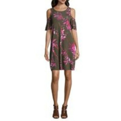 New Women's A.N.A. Cold Shoulder Dress avocado Green Pink Floral S