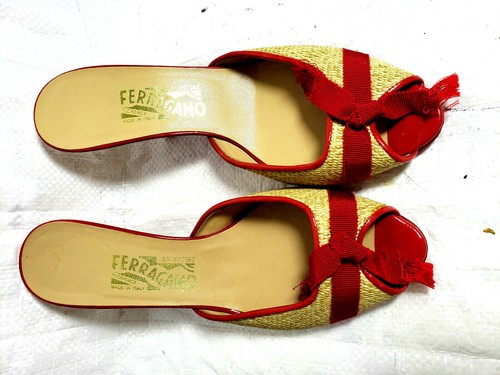 Salvatore Ferragamo women Slides Sz 81/2 B Beige red trim woven Heel Shoes NWOB - Picture 2 of 9