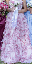 Strapless Jovani Pink/White Floral Ruffle Layered Long Prom Dress