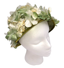 Vintage 1960s Garden Party Hat Flowers Green Ivory Floral