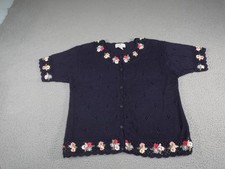 Vintage Cardigan Sweater Womens Large Blue Floral Crochet Grandma Cottagecore