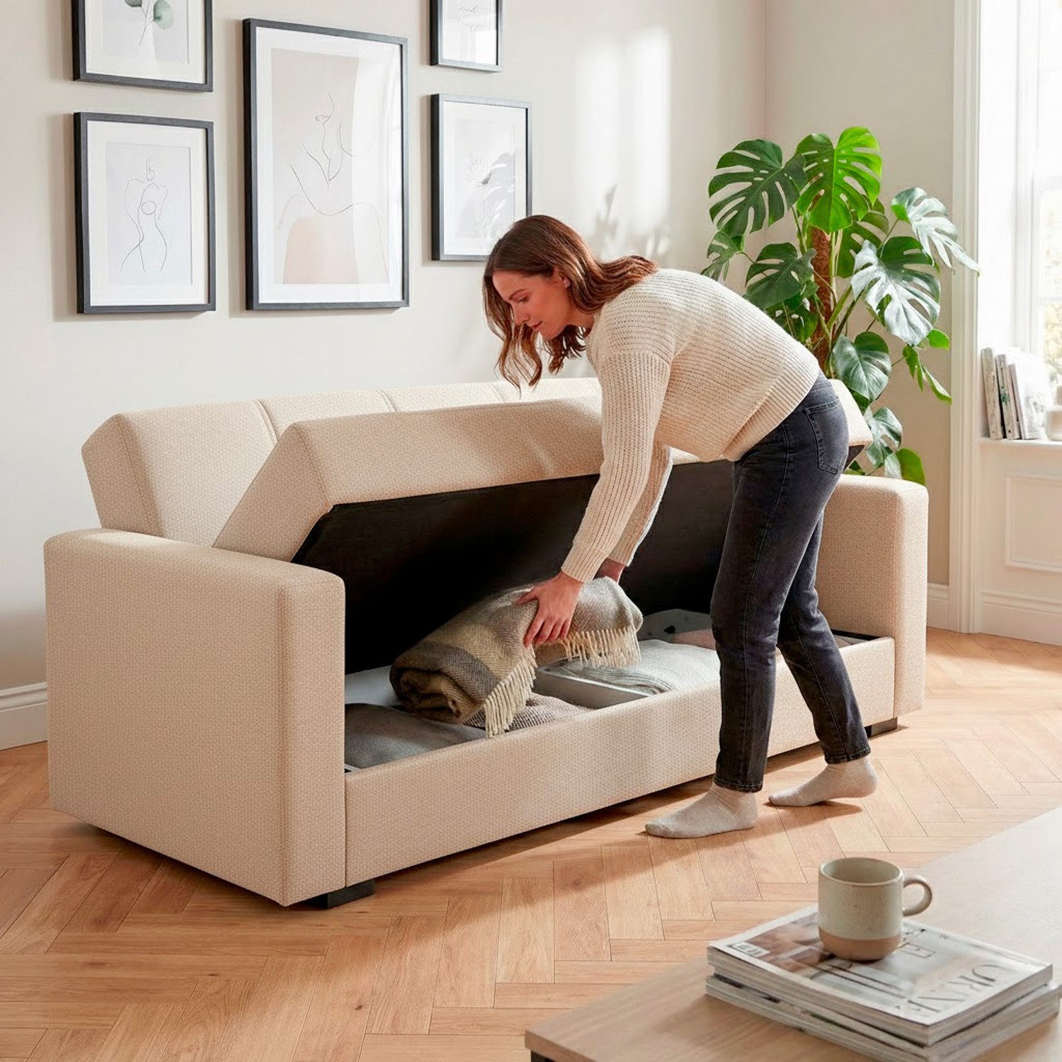 Divano letto 3 posti con contenitore soggiorno ufficio salotto con cuscini beige foto 2