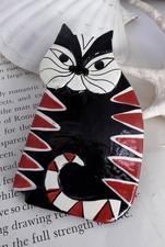 Huge Hand Painted Wooden Cat Brooch Pin Black Red White Costume Jewelry