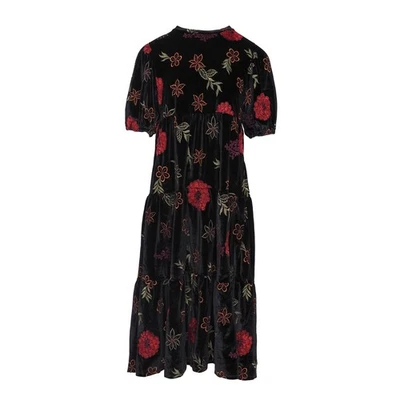Desigual Kleid Schwarz Samt Midi Blumenbestickt Stufenförmig Frühling S - Bild 1 von 4