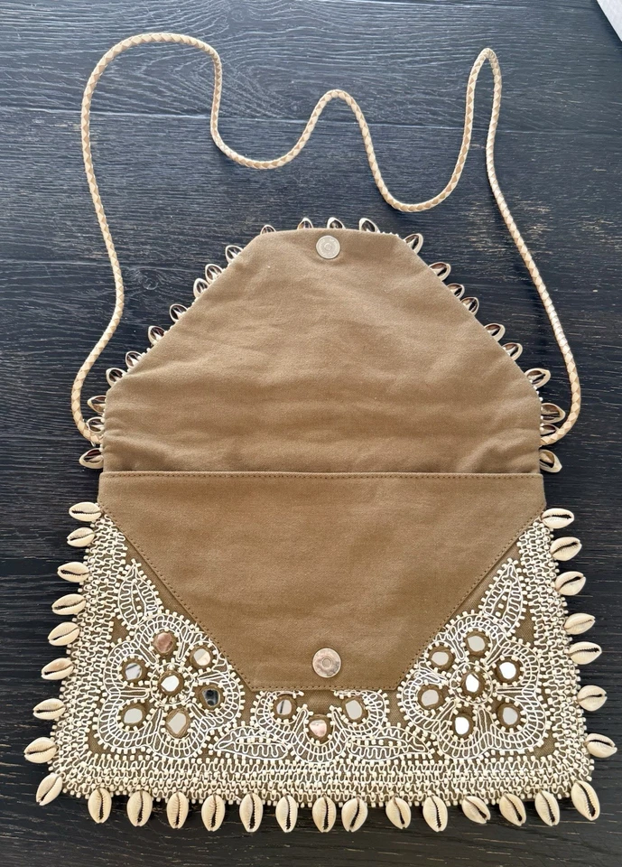 Bandolera para mujer ANTIK BATIK de algodón natural con conchas y espejos bordados NUEVA Foto 2 de 4
