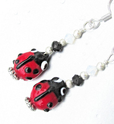 Cute Handmade Sterling Silver Glass LADY BUG & Crystal Dangle Ladybug Earrings