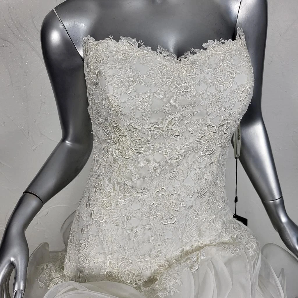OFF WHITE ABITO DA SPOSA SIRENA NUOVO CON ETICHETTE ~ $ 2795 ~ COSMOBELLA ~ 8 10 ~ BIANCO SPORCO SENZA SPALLINE PIZZO ARRUFFATO
