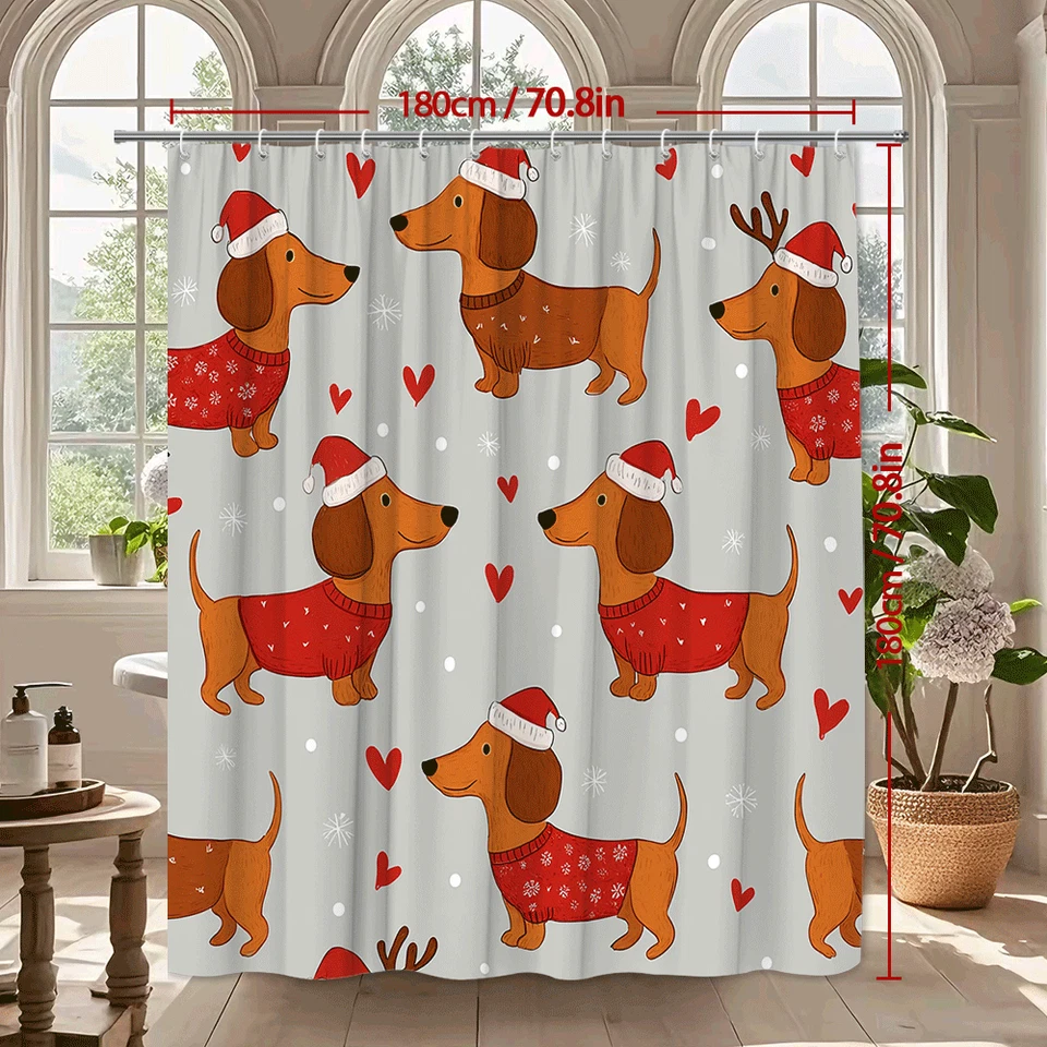 Linda Cortina de Ducha de Navidad con Dachshunds y Corazones Foto 3 de 4