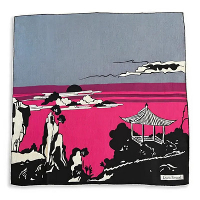 Louis Feraud Vintage rosa grau schwarz elfenbein japanische Pagode Seide Schal 32'' x 32''