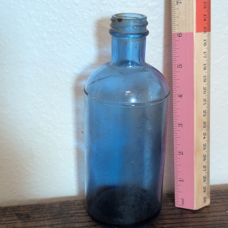 Blue Glass Bottle 4 oz with Screw Top, Embossed Bottom “M” Over “4”