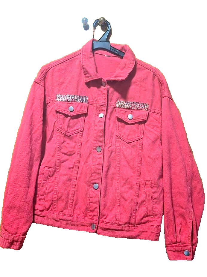 CHAQUETA VAQUERA ROJA CORAL TALLA M CUSTOMIZADA CON PASAMANERIA DE STRASS