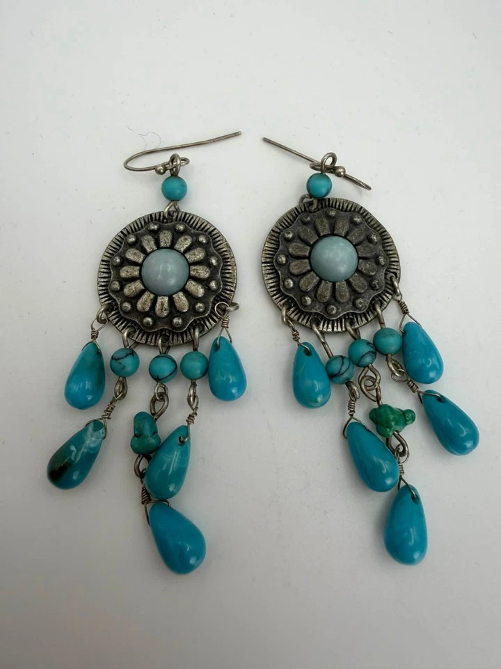 Pendientes Perforados Colgantes Lágrima Color Turquesa Avon De Colección Placa de Plata Suroeste Foto 4 de 4