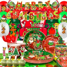 155 Pcs Christmas Grinch Party Decoration Grinch Party Tableware Plates Balloons