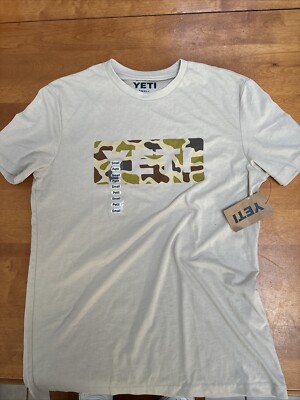 YETI Size Small Short Sleeve T-shirt Camo Logo SAND Color NWT