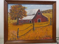 1981 OUTSIDER NAIVE FOLK ART PAINTING COUNTRY FARM BARN FENCE SCENE