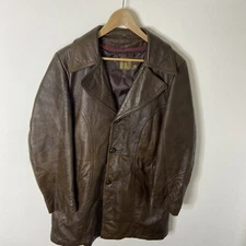 Vintage Rice Sportswear 70s Brown Leather Coat Plaid Lined Hipster Mod Men 44