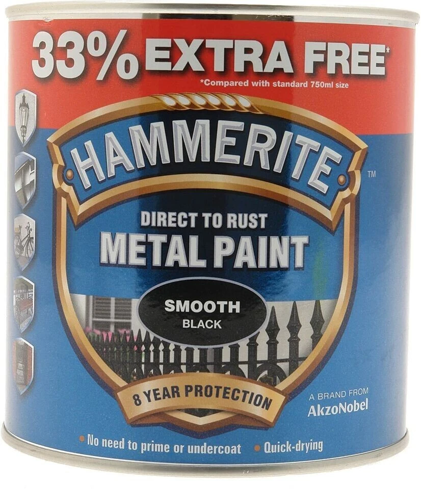 Hammerite Smooth Direct To Rust Metal Paint Quick Drying Black 1L