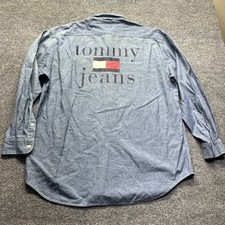 VINTAGE 90  s Tommy Hilfiger Tommy Jeans Big Flag Logo Button Jean Shirt Medium