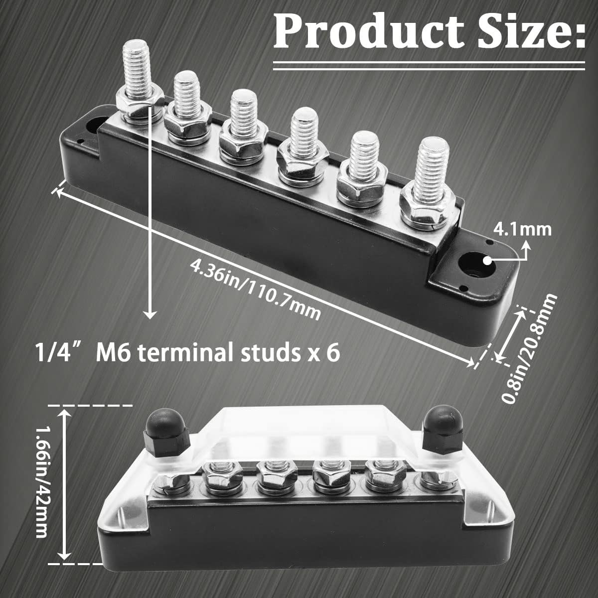 150A 12V-48V Bus Bar Marine Power Distribution Block with Cover with 6 X 1/4”Pos