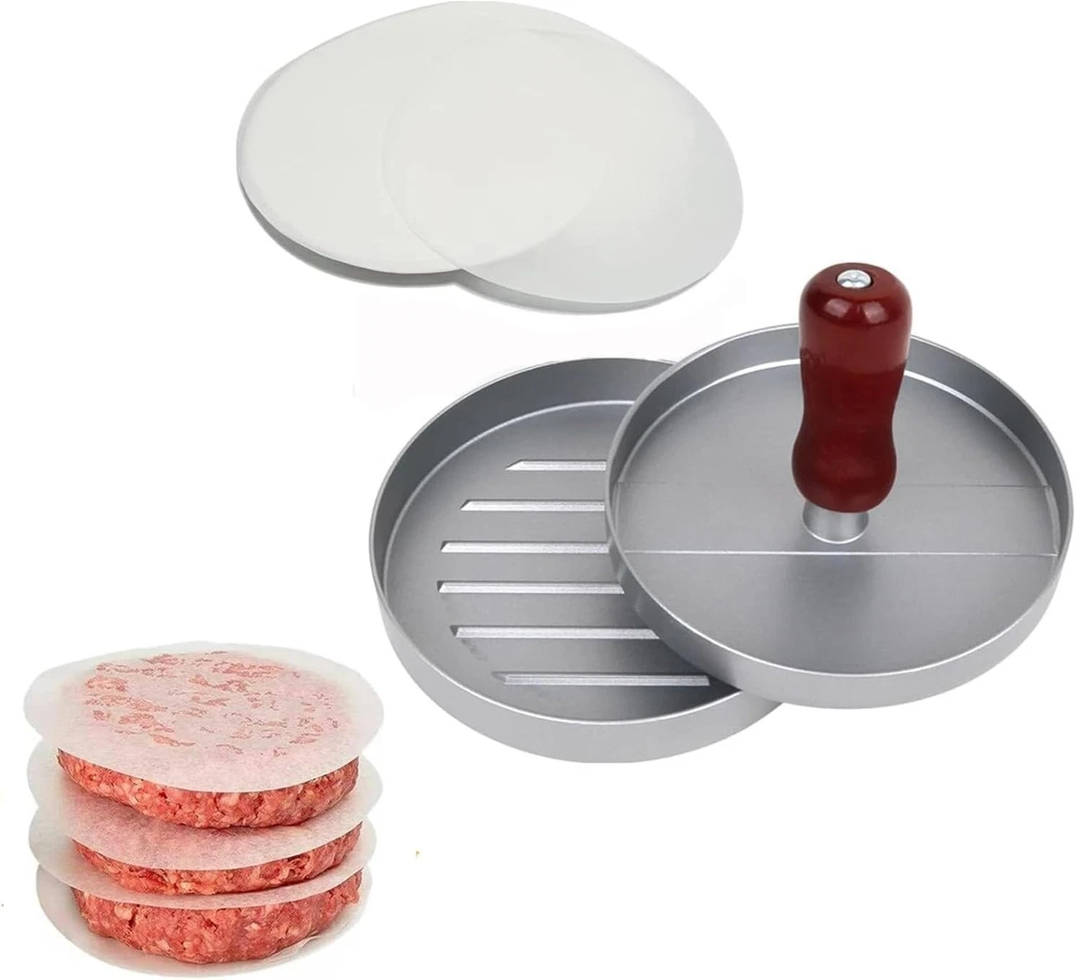 Prensa para hamburguesas de aluminio Winmiya con 100 papeles encerados antiadherente carne hamburguesa