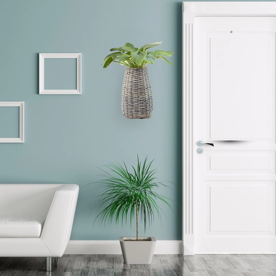 Wall Hanging Pocket Basket; Gray Woven Wicker Rustic Farmhouse Long 17" - Image 4 of 4