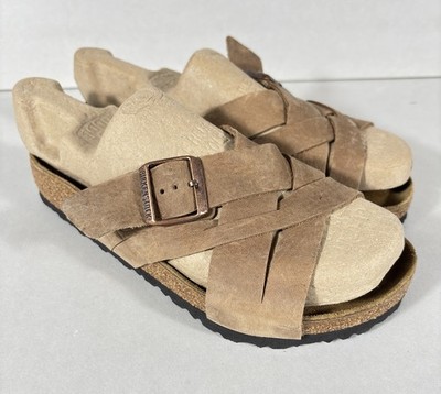 Birkenstock Lugano Sandals Soft Footbed Suede Leather 41 M/8-W10.5 Tobacco Brown