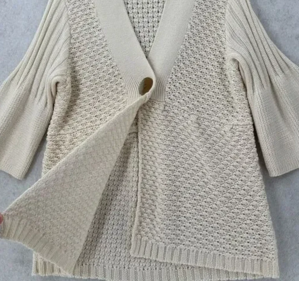 J. JILL Cárdigan Suéter Un Botón Marfil Grueso MANGAS CAMPANAS con Lana y Alpaca L Foto 3 de 4