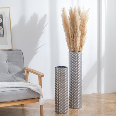 Große Bodenvase Metall 70cm Silber Wabenmuster Dekovase Trockenblumen