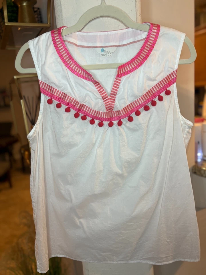 Top Boden Elisa en algodón blanco con bordado rosa y ribete de pompón Talla 10 Foto 2 de 4
