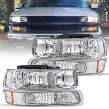 Headlight Assembly w/ Bumper Lights 4pcs Fit for 1999-2002 Chevy Silverado 1500