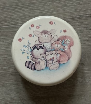 Vintage Hallmark Cards Small Round Tin Cute Woodland Animals Raccoon Squirrel US