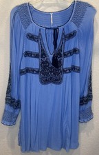Free People Boho Tunic Top Blue Embroidered Peasant Festival Oversized S 