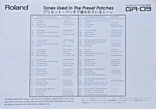 Roland GR-09 Sintetizzatore Chitarra Lista Toni Originale/Foglio Lista Toni Preimpostati.