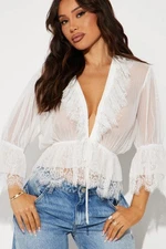 Womens FashionNova Island Flow Ruched Top Peplum White Lace Trim Stretch XL NWT