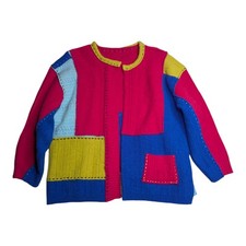 Vtg 1990s Colorful Handmade Upcycled Patchwork Wool Open Front Cardigan L Vtg 1990s Colorful Handmade Upcycled Patchwork Wool Open Front Cardigan L