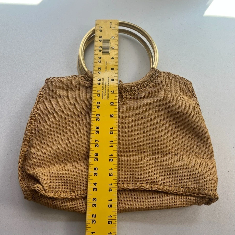 Bolsa de Papel Boho Hecha a Mano Vintage Años 70 Bolso de Mano Playa Picnic Madera Cierre de Botón Foto 4 de 4