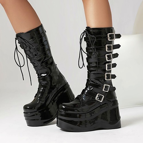 Gothic Womens Platform Punk Buckle Strap Western High Wedge Heels Mid Calf Boots - Picture 15 of 18