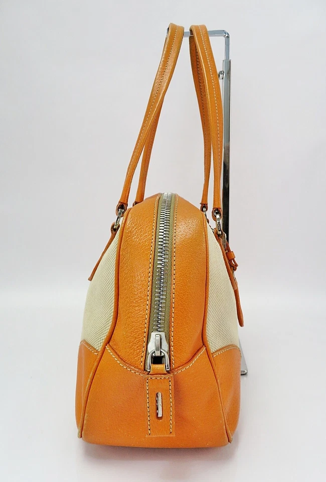Auth PRADA Beige Canvas and Orange Leather Boston Bag Purse #60620 - Image 4 of 4