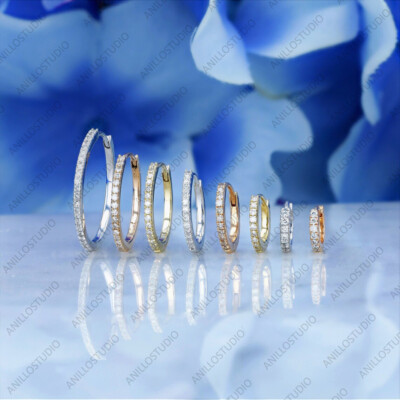 Natural Pave Diamond Cartilage Front/Back Hoop Earring Solid 14k Yellow  Gold