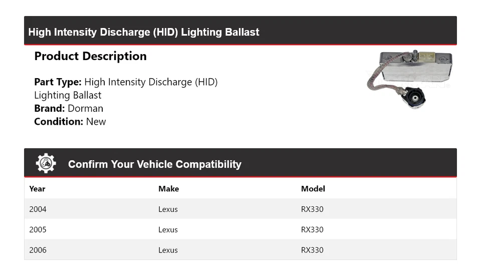Lastre de iluminación de descarga de alta intensidad (HID) para Lexus RX330 2004-2006 Dorman Foto 2 de 4
