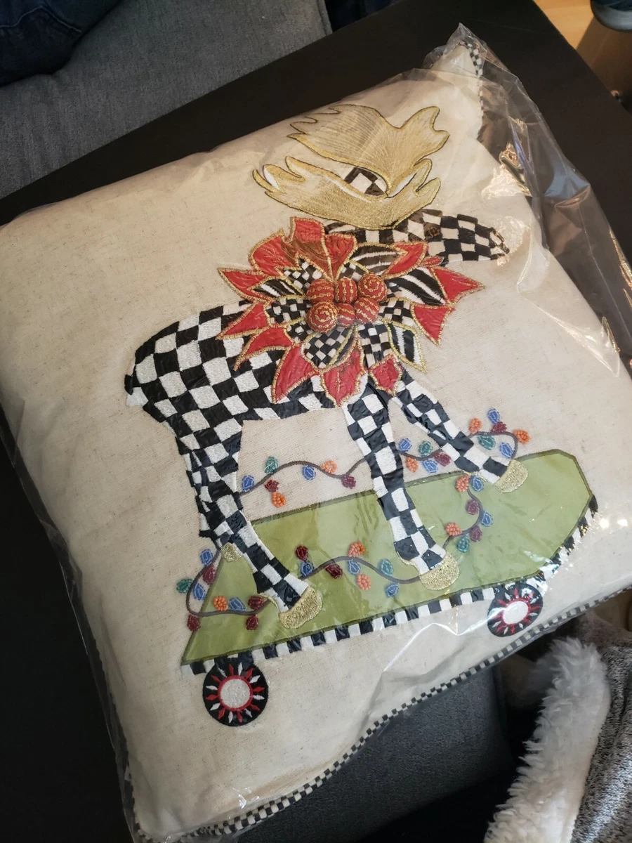 NEW Mackenzie Childs Christmas Moose On Parade Beaded Courtly Check Pillow 18