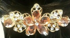 New Gold With Amber  Clear Crystal Floral 3 1/2'' Hair Barrette