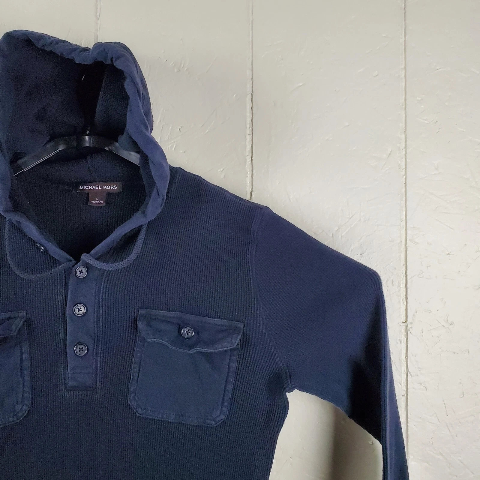 Michael Kors Felpa con Cappuccio Uomo Grande Blu Henley 1 4 Bottone Manica Lunga Tasca Elasticizzata